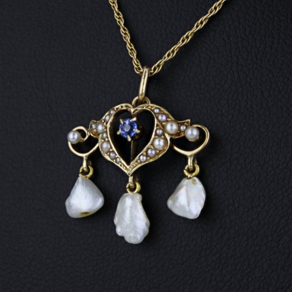 Antique Edwardian 14k Gold Sapphire + Pearl Heart Pendant Necklace (c.1900) - Picture 2 of 9